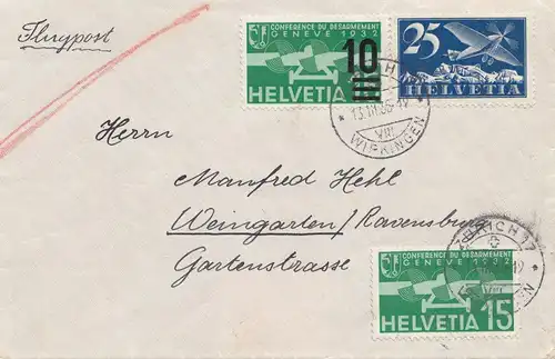 Schweiz:1935: Zürich als Flugpost nach Weingarten