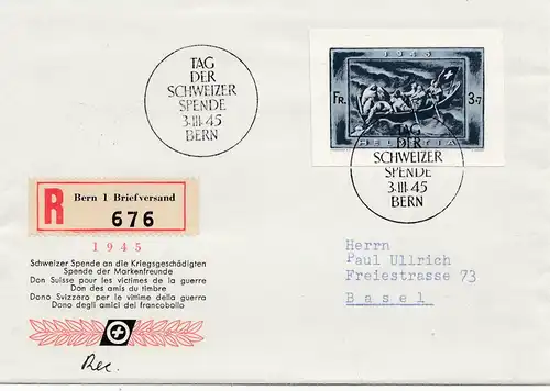 Schweiz: 1945 Einschreiben: Tag der Spende für Kriegsgeschädigte