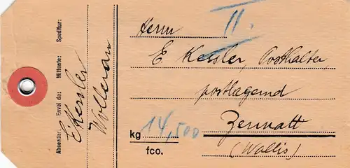 Schweiz: 1947 Paketanhänger Wollenau nach Zermatt