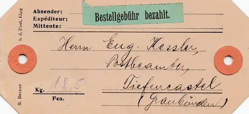 Schweiz: 1923: Paketanhänger Bestellgebühr bezahlt von Davos nach Tiefencastel