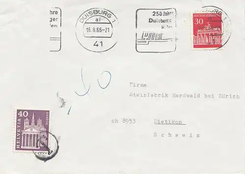 Suisse: 1966: Lettre de Duisburg à Dietikon