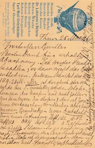 Schweiz: 1896: Ganzsache von Thun nach Köln mit Ballon auf Karte