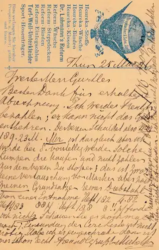 Suisse: 1896: Tout le truc de Thun à Cologne avec ballon sur la carte