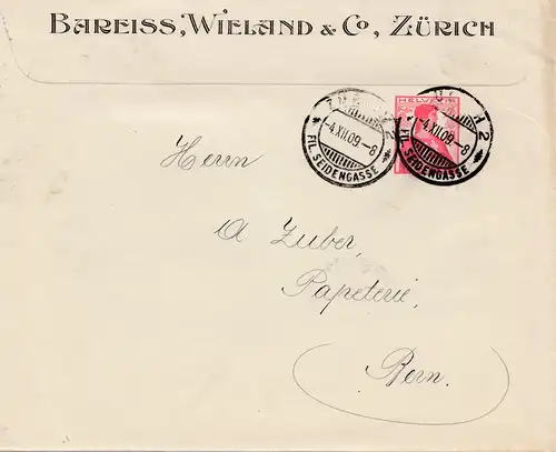 Suisse: 1909: Lettre de Zurich à Berne, cellulose Papierfabrik, image arrières.
