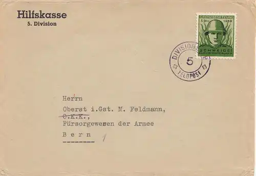 Suisse: 1939 Division Feldpost après Berne