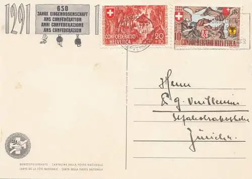 Suisse: 1941: Zurich, 650 ans de Confédération, belle carte