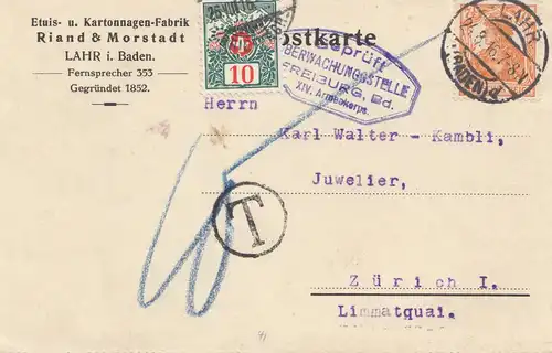 Suisse: 1916: Carte postale de Lahr vers Zurich, Taxe de post-vente, point de surveillance de Fribourg