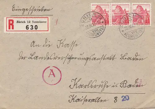 Suisse: 1943: Zurich en recommandé à Karlsruhe, OKW Censure