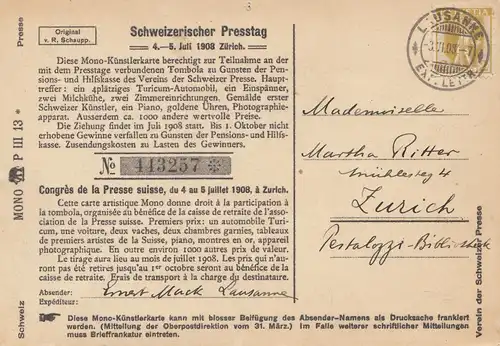 Suisse: 1908: Journée suisse de presse Lausanne après Zurich