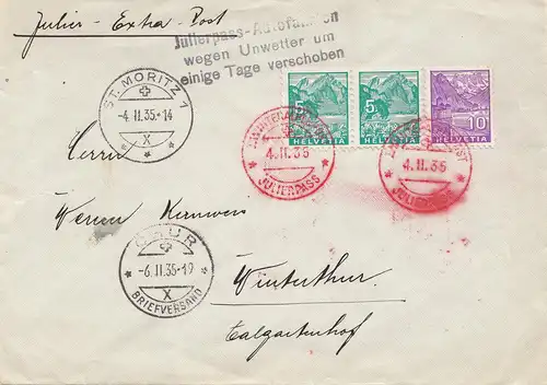 Suisse: 1935: Saint-Moritz, col Julier, après Winterthur, passeport inpassable