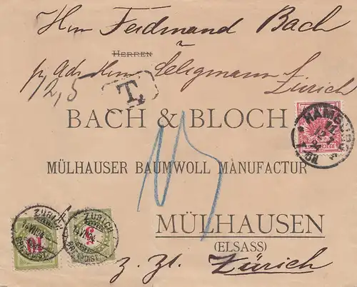 Suisse: 1894: Hambourg: Lettre à Mulhouse/Elsass, continue à Zurich, Taxe