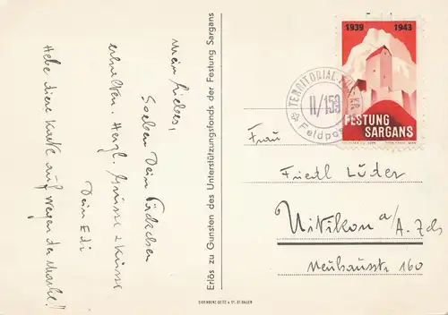 Suisse: 1943 Carte de vue Poste de champ: Forteresse de Sargan