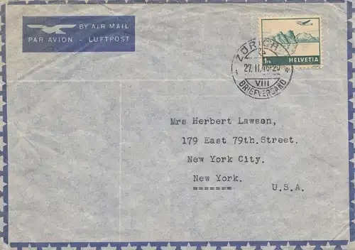 Suisse: 1946: Poste de Zurich vers les États-Unis