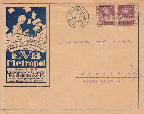 Suisse: 1922: Zurich vers Berlin, papeterie
