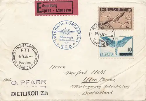 Suisse: 1939: Dietlikon d'Ulm, Swissair, Eilbote