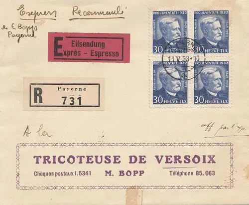 Schweiz: 1933: Eilbote, Einschreiben, Payerne nach Versoix