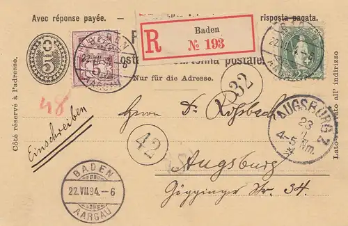 Suisse: 1894: Entier recommandé Baden vers Augsbourg, avec carte de réponse