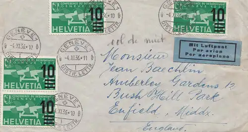 Schweiz: 1936: Luftpost Genf nach Enfield, England
