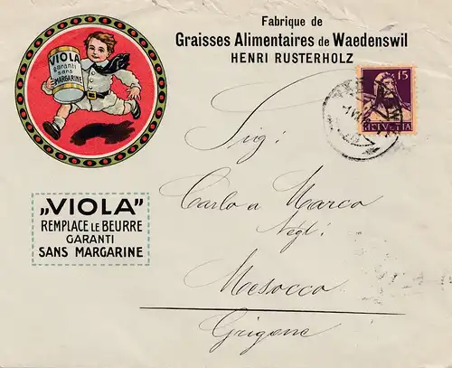 Schweiz: 1918: Waedenswil nach Mesocca, Margarine, Viola