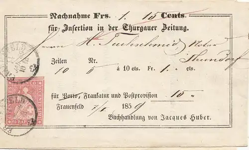 Suisse: 1859: Insertion in der Thurgauer Zeitung, Frauenfeld