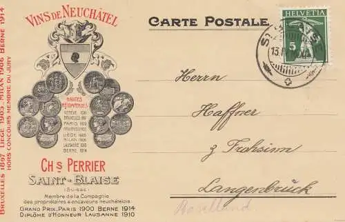 Schweiz: 1916: Vins de Neuchatel, Saint Blaise nach Langenbrück