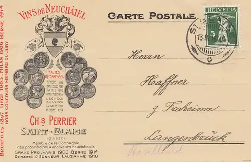 Suisse: 1916: Vins de Neuchatel, Saint Blaise après Langenbrück