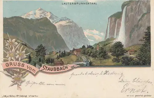 Schweiz: 1898: Gruss vom Staubach, Ansichtskarte, Lauterbrunnenthal