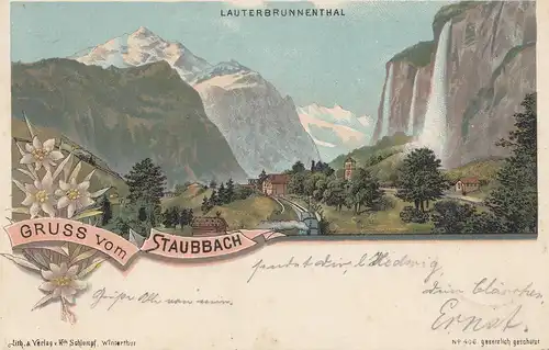 Suisse: 1898: Grüss von Schauchtach, carte visuelle, Lauterbrunnenthal