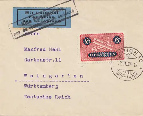 Schweiz: 1937: Flugpost Zürich nach Weingarten, kein Fluganschluss