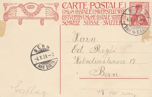 Schweiz: Ganzsache: 1909: Bern, Ersttag