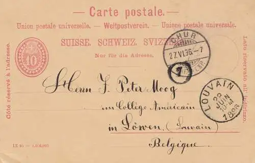 Schweiz: Ganzsache: 1896: Chur nach Louvain/Belgien