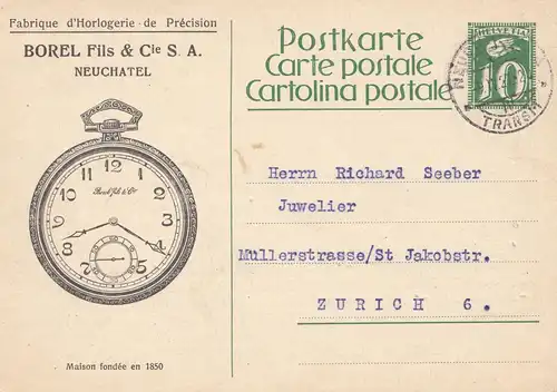 Schweiz: Ganzsache: 1927: Neuchatel, Horlogerie nach Zürich