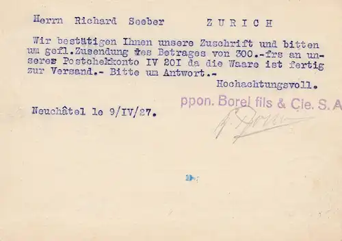 Schweiz: Ganzsache: 1927: Neuchatel, Horlogerie nach Zürich