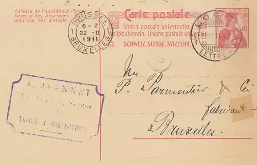Schweiz: Ganzsache: 1911: Locle nach Brüssel