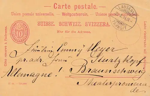 Schweiz: Ganzsache 1894: Lausanne nach Braunschweig