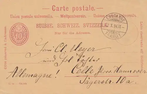 Schweiz: Ganzsache 1894: Lausanne nach Celle