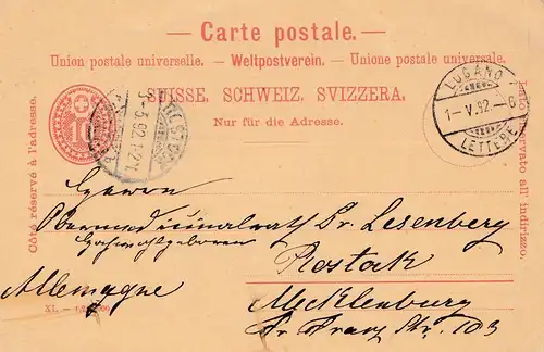 Schweiz: Ganzsache: 1892: Ansichtskarrte Lugano nach Rostock