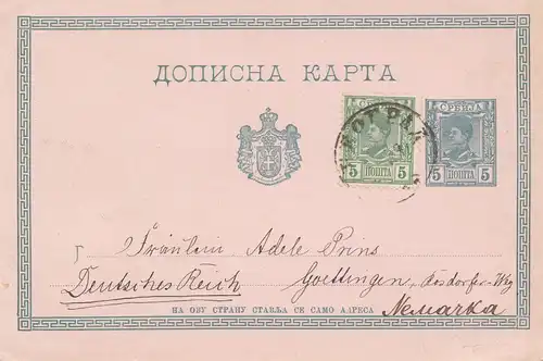 Serbien: 1890: Ganzsache nach Neuarka/Göttingen