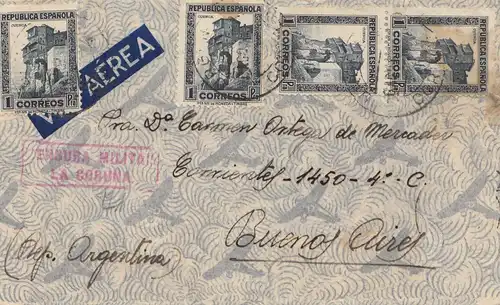 Spanien: 1937: Luftpost nach Argentinien, Militär Zensur