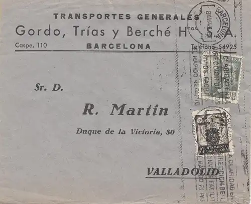 Espagne: 1945: Lettre de Barcelone à Valladolid