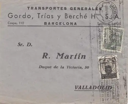 Espagne: 1945: Lettre de Barcelone à Valladolid