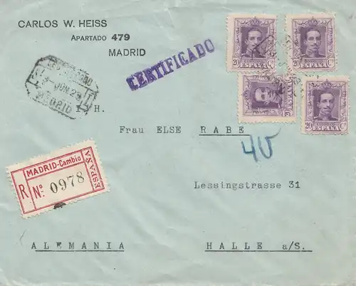 Espagne: 1923: Lettre recommandé Madrid vers Halle