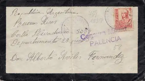 Espagne: 1937: Lettre pour l'Argentine, censure Palencia