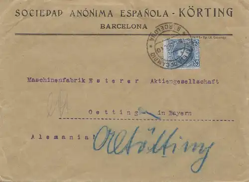 Espagne: 1910: Lettre de Barcelone à Oetting