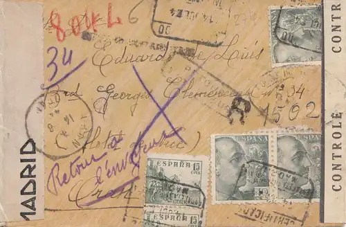 Espagne: 1944: Lettre de Madrid et retour, beaucoup de timbres de censure