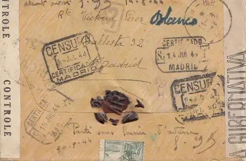 Espagne: 1944: Lettre de Madrid et retour, beaucoup de timbres de censure