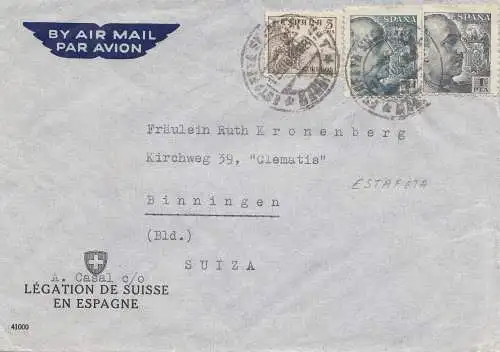 Spanien: 1938: Luftpost nach Binningen/Schweiz, Absender Legation de Suisse