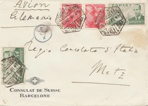 Spanien: 1941: Schweizer Konsulat Barcelona nach Metz, Zensur