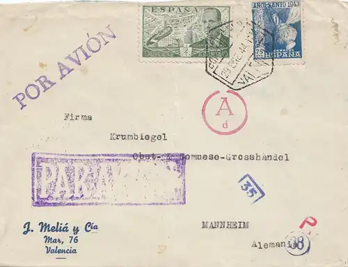 Espagne: 1944: Poste aérien Valentia vers Mannheim Censure