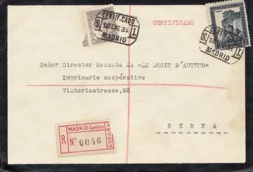 Espagne: 1935: Lettre recommandé Madrid à Berne